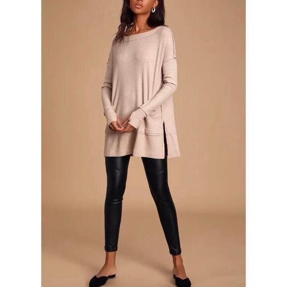 Free People North Shore Thermal Waffle Knit Long Sleeve In Beige Size Medium - Picture 1 of 10